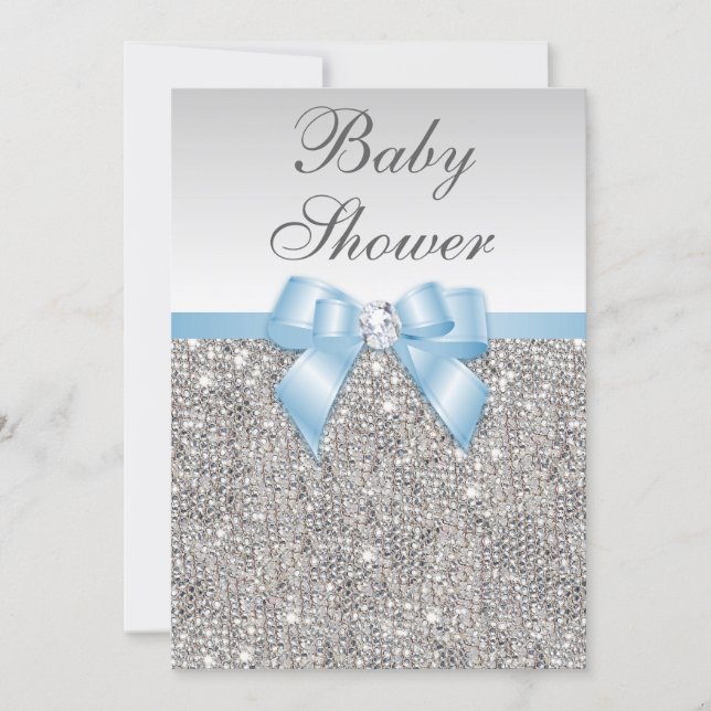 Faux Silver Sequins Baby Blue Baby Shower Invitation (Front)