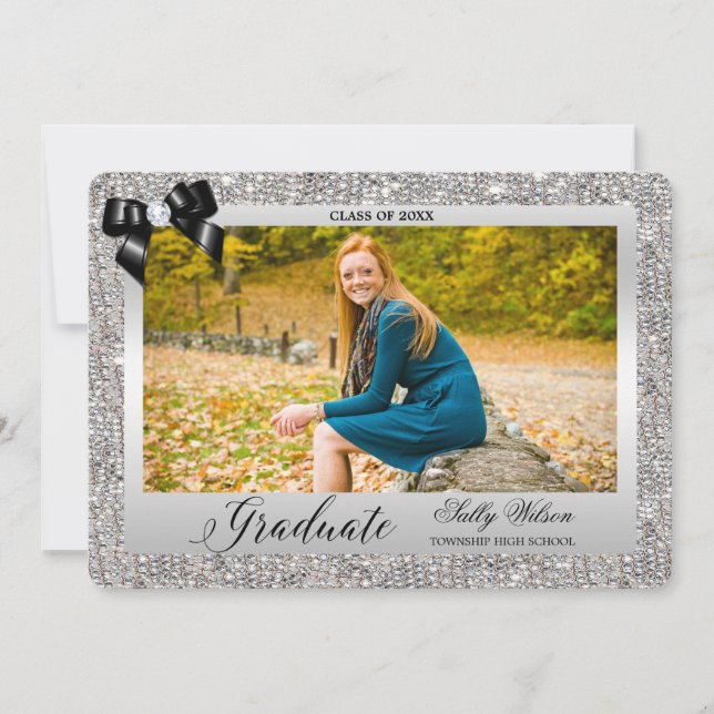 Faux Silver Sequins Black Bow Graduation Photo Invitation (Front)