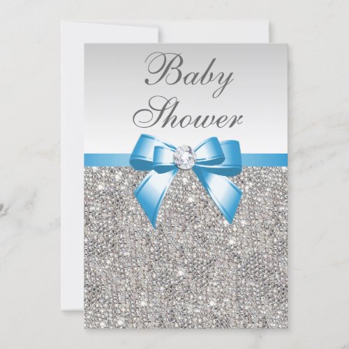 Faux Silver Sequins Blue Baby Shower Invitation
