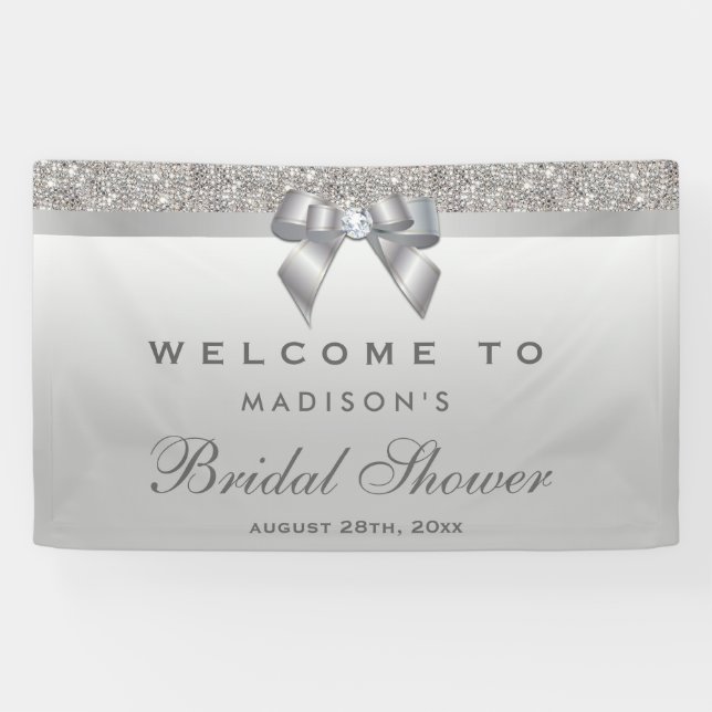 Faux Silver Sequins Bow Diamond Bridal Shower Banner (Horizontal)