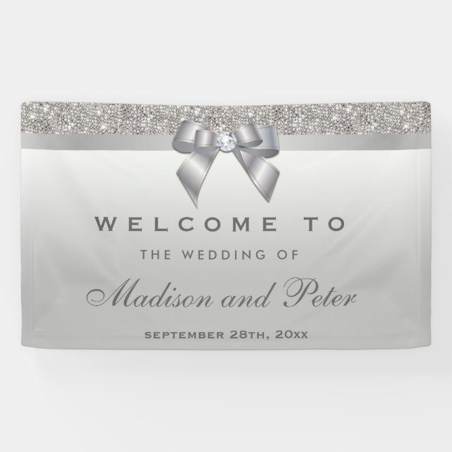 Faux Silver Sequins Bow Diamond Wedding Banner (Horizontal)