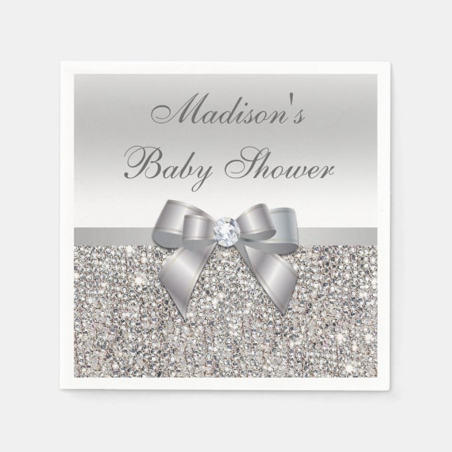 Faux Silver Sequins Bow Personalized Baby Shower Napkins (Front)