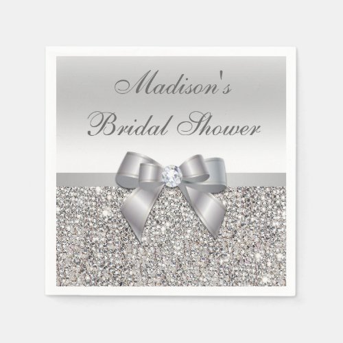 Faux Silver Sequins Bow Personalized Bridal Shower Napkins