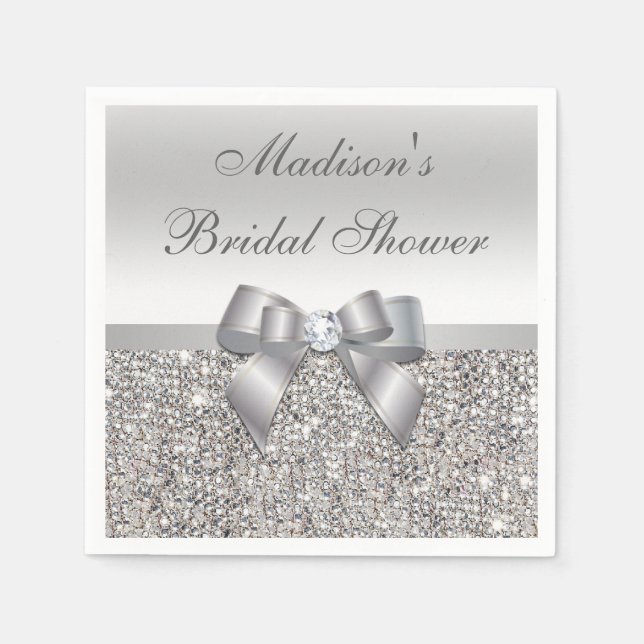 Faux Silver Sequins Bow Personalized Bridal Shower Napkins (Front)