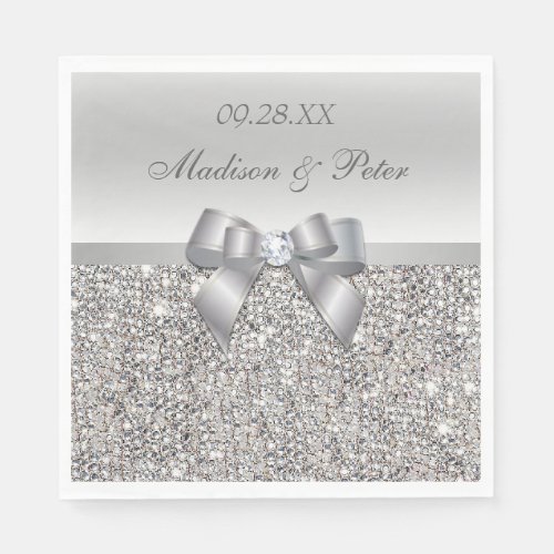 Faux Silver Sequins Bow Personalized Wedding Paper Napkins