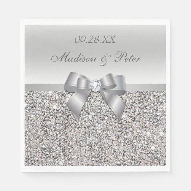 Faux Silver Sequins Bow Personalized Wedding Paper Napkins (Front)