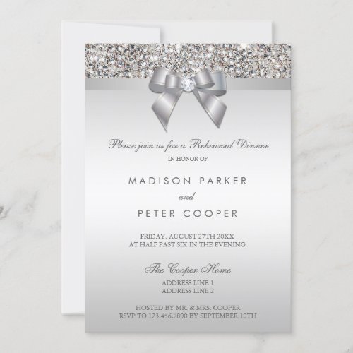 Faux Silver Sequins Bow Rehearsal Dinner Invitation