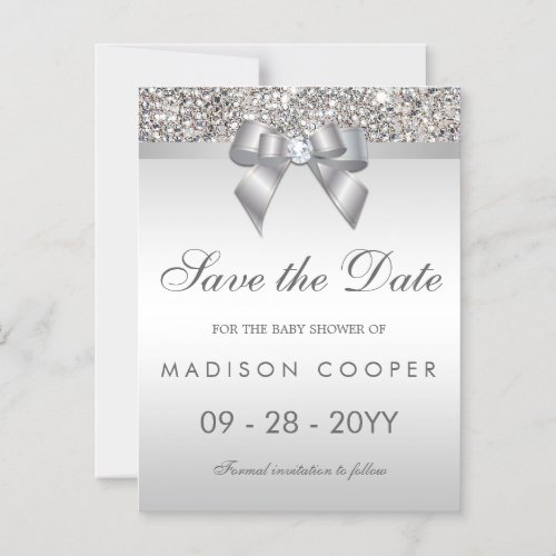 Faux Silver Sequins Bow Save The Date Baby Shower Magnetic Invitation