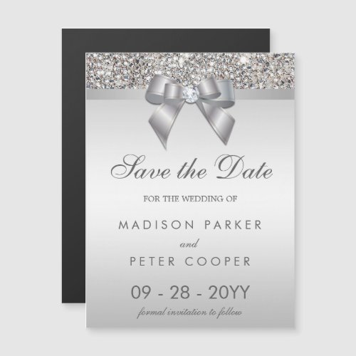 Faux Silver Sequins Bow Save The Date Wedding Magnetic Invitation