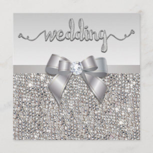 Faux Silver Sequins Bow Wedding Hearts Typography Invitation