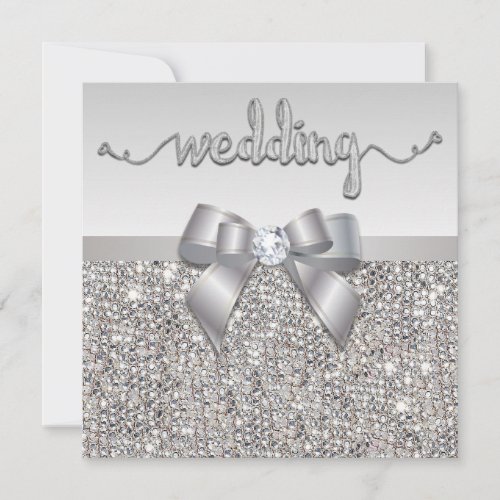 Faux Silver Sequins Bow Wedding Hearts Typography Invitation