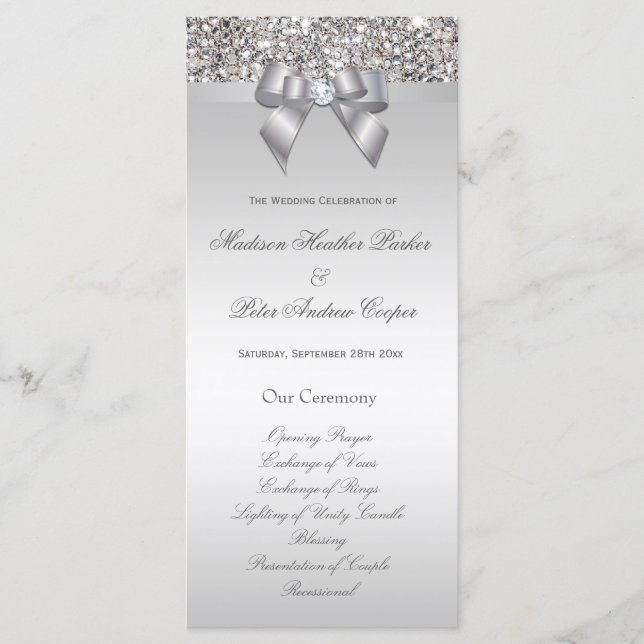 Faux Silver Sequins Bow Wedding Program (Front)