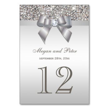 Faux Silver Sequins Bow Wedding Table Number Cards by AJ_Graphics at Zazzle