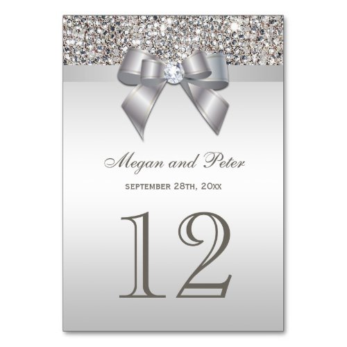 Faux Silver Sequins Bow Wedding Table Number Cards