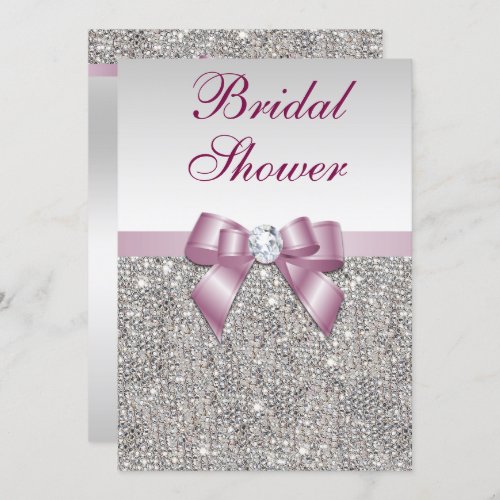 Faux Silver Sequins Burgandy Bow Bridal Shower Invitation