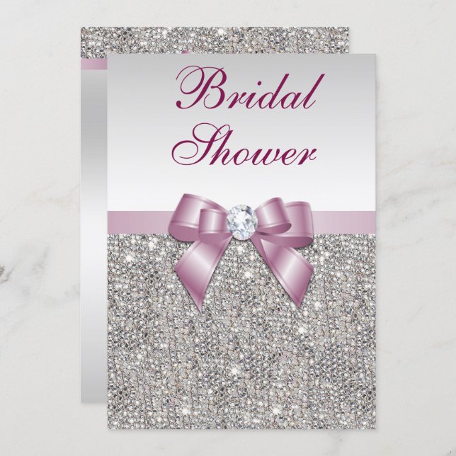 Faux Silver Sequins Burgandy Bow Bridal Shower Invitation (Front/Back)