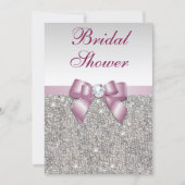 Faux Silver Sequins Burgandy Bow Bridal Shower Invitation (Front)