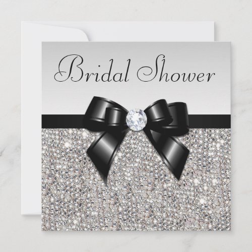 Faux Silver Sequins Chic Black Bow Bridal Shower Invitation