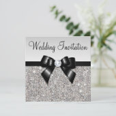Faux Silver Sequins Diamonds Black Bow Wedding Invitation (Standing Front)