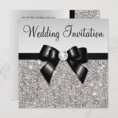 Faux Silver Sequins Diamonds Black Bow Wedding Invitation (Front/Back)
