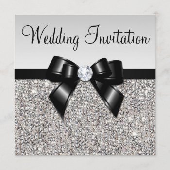Faux Silver Sequins Diamonds Black Bow Wedding Invitation by GroovyGraphics at Zazzle