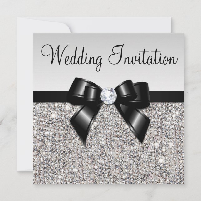 Faux Silver Sequins Diamonds Black Bow Wedding Invitation (Front)