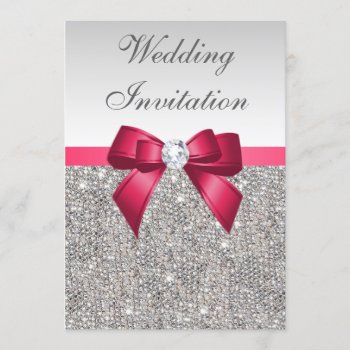 Faux Silver Sequins Diamonds & Bow Wedding Invitation by GroovyGraphics at Zazzle