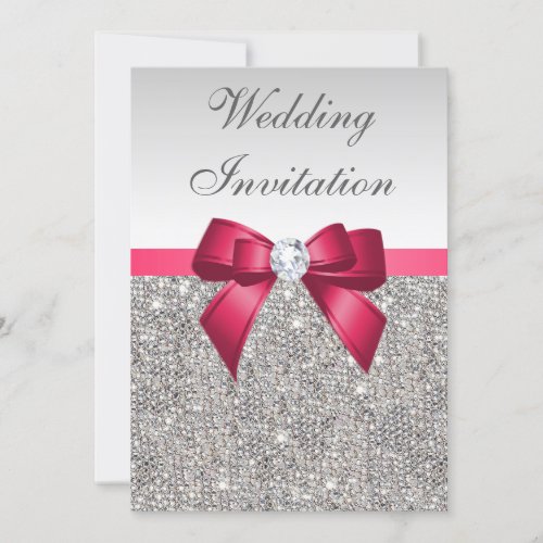 Faux Silver Sequins Diamonds  Bow Wedding Invitation