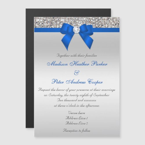 Faux Silver Sequins Diamonds Cobalt Blue Wedding Magnetic Invitation