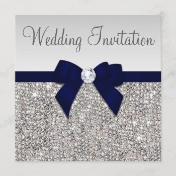 Faux Silver Sequins Diamonds Dark Navy Bow Wedding Invitation by GroovyGraphics at Zazzle