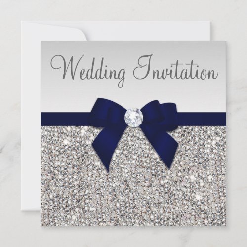 Faux Silver Sequins Diamonds Dark Navy Bow Wedding Invitation