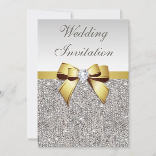 Faux Silver Sequins Diamonds Gold Bow Wedding Invitation