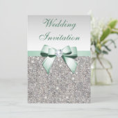 Faux Silver Sequins Diamonds Mint Bow Wedding Invitation (Standing Front)