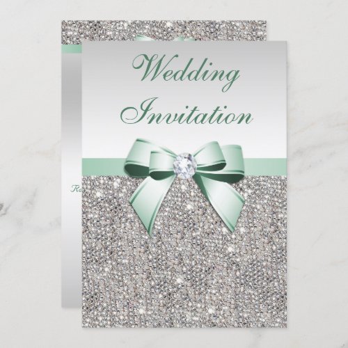 Faux Silver Sequins Diamonds Mint Bow Wedding Invitation