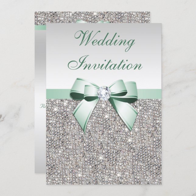 Faux Silver Sequins Diamonds Mint Bow Wedding Invitation (Front/Back)