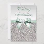 Faux Silver Sequins Diamonds Mint Bow Wedding Invitation (Front)