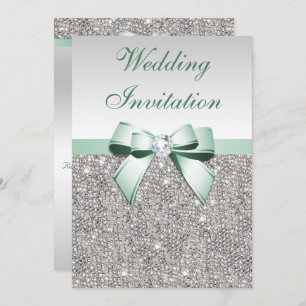 Faux Silver Sequins Diamonds Mint Bow Wedding Invitation
