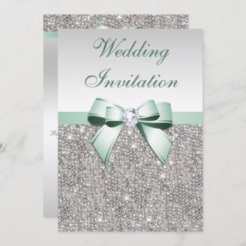 Faux Silver Sequins Diamonds Mint Bow Wedding Invitation by GroovyGraphics at Zazzle