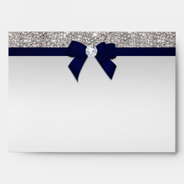 Faux Silver Sequins Diamonds Navy Blue Bow Envelope (Front)