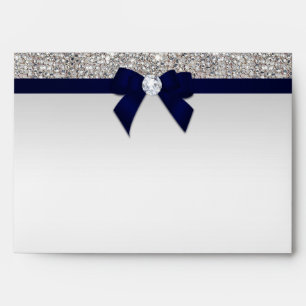 Faux Silver Sequins Diamonds Navy Blue Bow Envelope