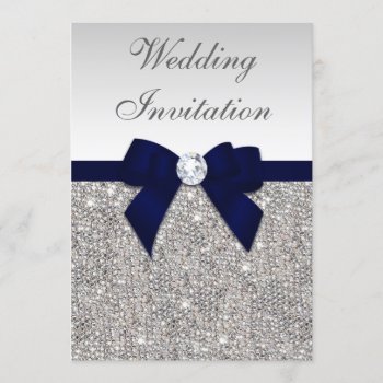 Faux Silver Sequins Diamonds Navy Bow Wedding Invitation by GroovyGraphics at Zazzle