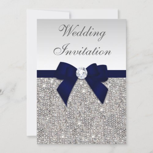 Faux Silver Sequins Diamonds Navy Bow Wedding Invitation