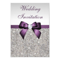 Faux Silver Sequins Diamonds Purple Bow Wedding Card