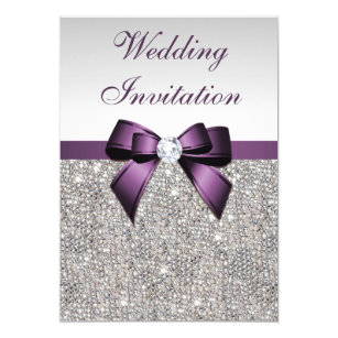 Purple And Silver Wedding Invitations Announcements Zazzle Faux Silver Sequins Diamonds Purple Bow Wedding Card