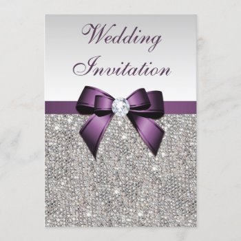 Faux Silver Sequins Diamonds Purple Bow Wedding Invitation by GroovyGraphics at Zazzle