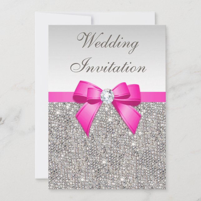 Faux Silver Sequins Diamonds Purple Bow Wedding Invitation (Front)