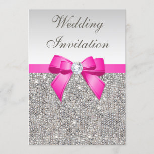 Faux Silver Sequins Diamonds Purple Bow Wedding Invitation