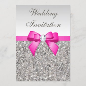 Faux Silver Sequins Diamonds Purple Bow Wedding Invitation by GroovyGraphics at Zazzle