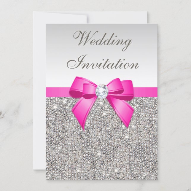 Faux Silver Sequins Diamonds Purple Bow Wedding Invitation (Front)