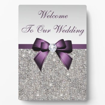 Faux Silver Sequins Diamonds Purple Bow Wedding  Plaque by GroovyGraphics at Zazzle